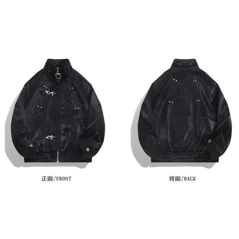 QICHE Stand Collar Aircraft Buckle PU Leather Jacket for Men, New Chinese Faux Snake Pattern High Street Stylish Outerwear