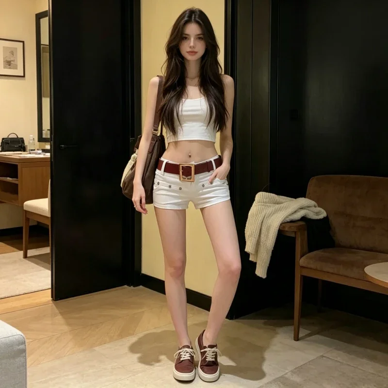 Women Denim Pant Short Jeans Washed Slim Fit A Line Low Waist Trousers Rivet Belt High Street Beach Party Night Sexy - view 3