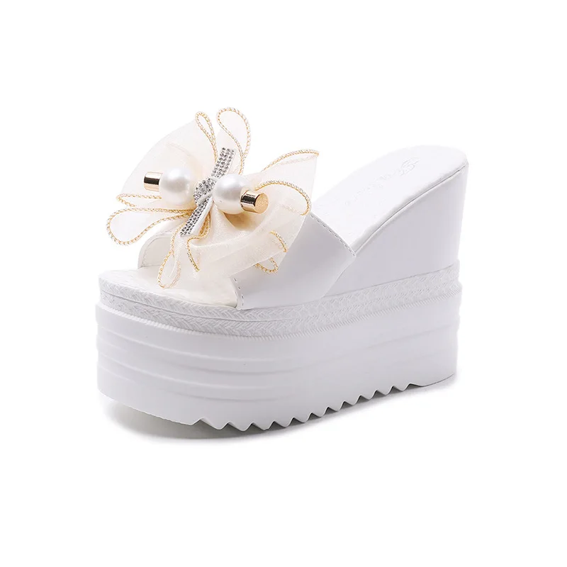 2025 Summer Outdoor Women's Slippers Rhinestone Double Bow Height-increasing Slides Wedge Heels and Sponge Fish Mouth Sandals