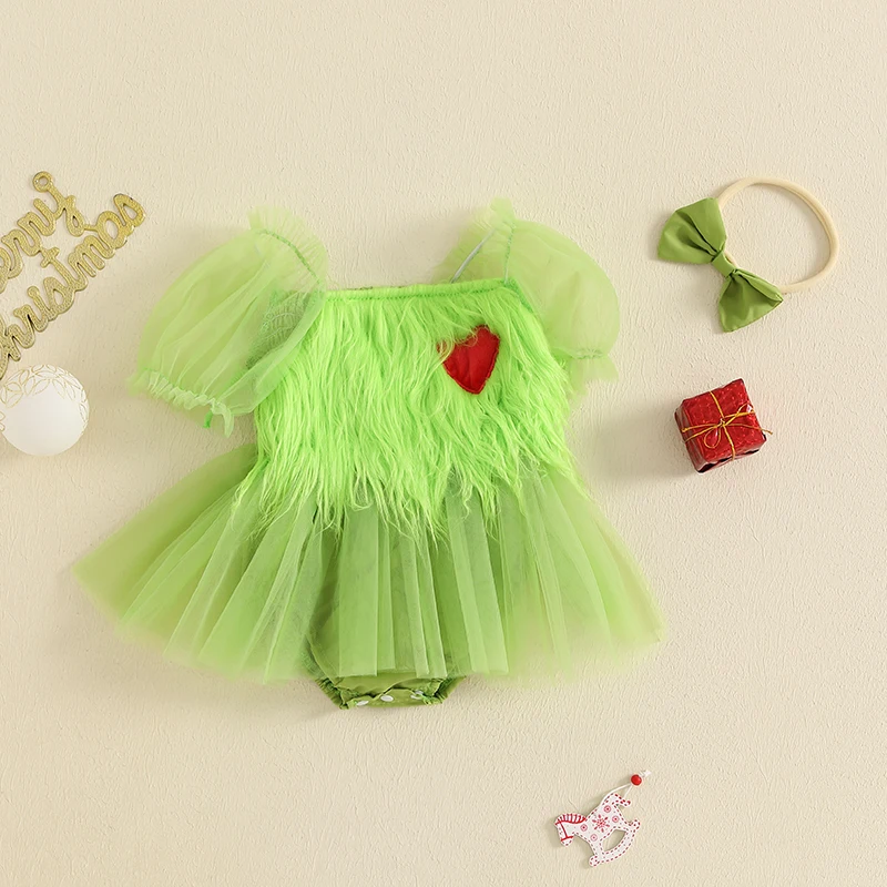 New Baby Girl Christmas Romper Dress Green Monster Fuzzy Short Puff Sleeve Tulle Jumpsuit With Bow Headband 0-18 Months