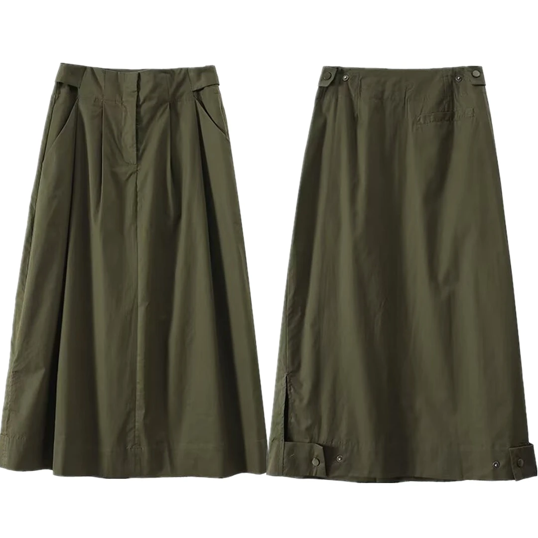 Maxdutti Minimalist French Countryside Dark Khaki Midi Skirt High Waist A-line Pleated Skirt Woman Clothing Faldas Skirts Female