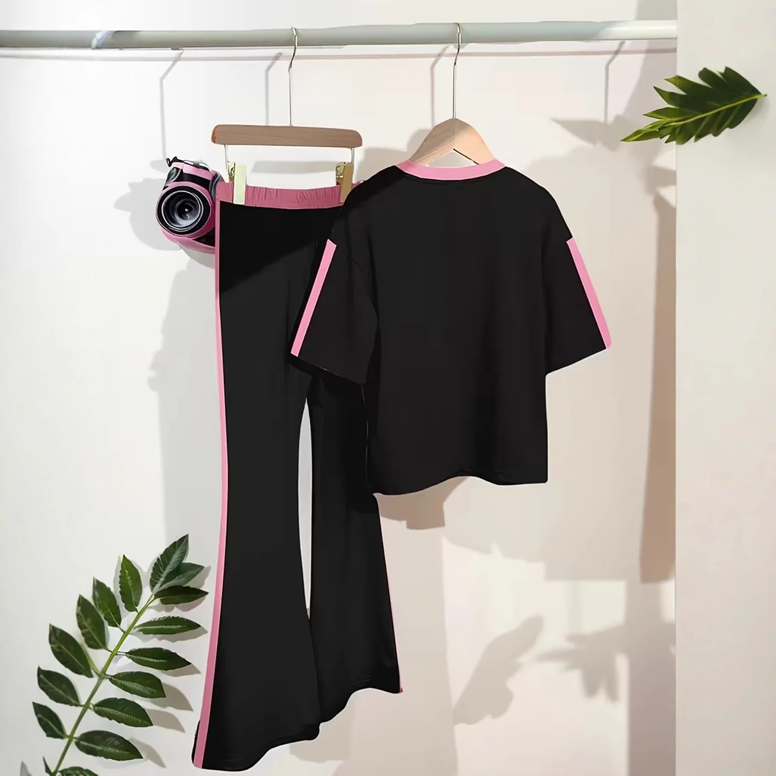 Girls Athletic Set Number Print Short Sleeve Tee and Elastic Waistband Flared Pants Quick Dry Lightweight for Daily Sport