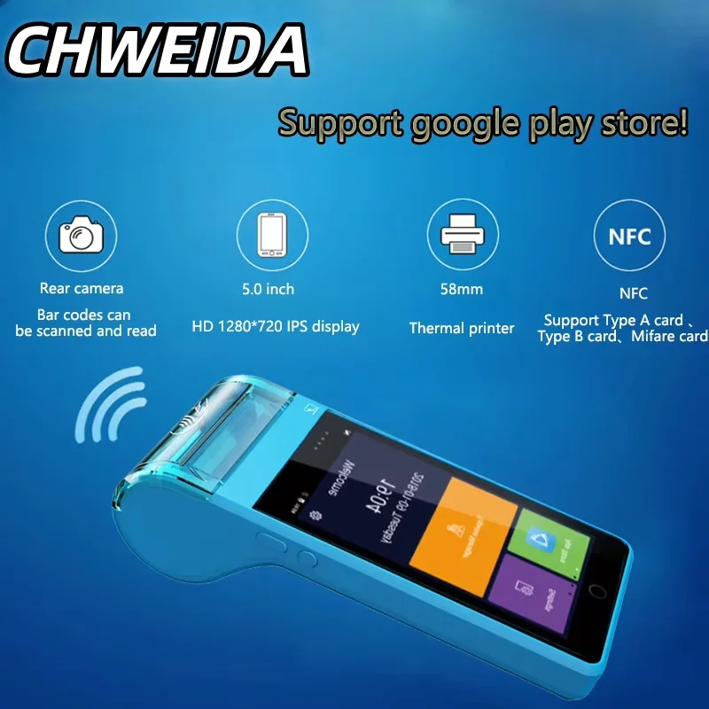 CHWEIDA 5 Inch Touch Screen Handheld 4G Smart Pos Receipt Printer with Bluetooth Wifi Thermal Mini Pos Printer