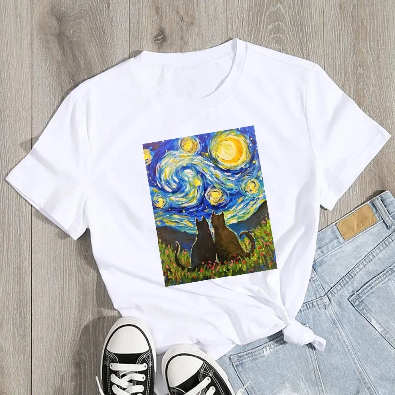 Van Gogh Starry Night Cat in The Print Women's Clothing T-shirt Aesthetic Pattern White Short Sleeved Polyester Women's T-shirt