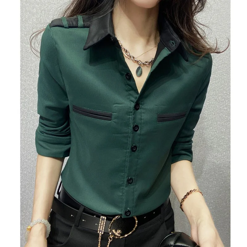 Spring New Korean Slim Youth Shirt Tops Polo Neck Long Sleeve Striped Patchwork Elegant Blouse Vintage Fashion Women Clothing