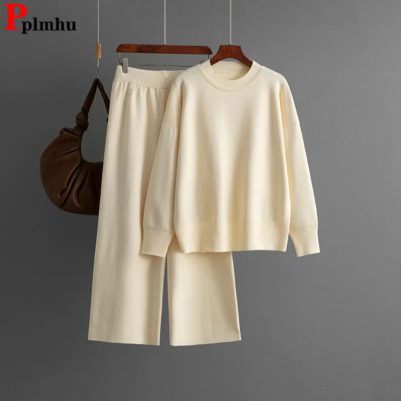 

Fall Winter New Knitted Pants Sets Women O-neck Long Sleeve Sweater Tops Conjuntos Korean Solid High Waist Straight Pants Outfit