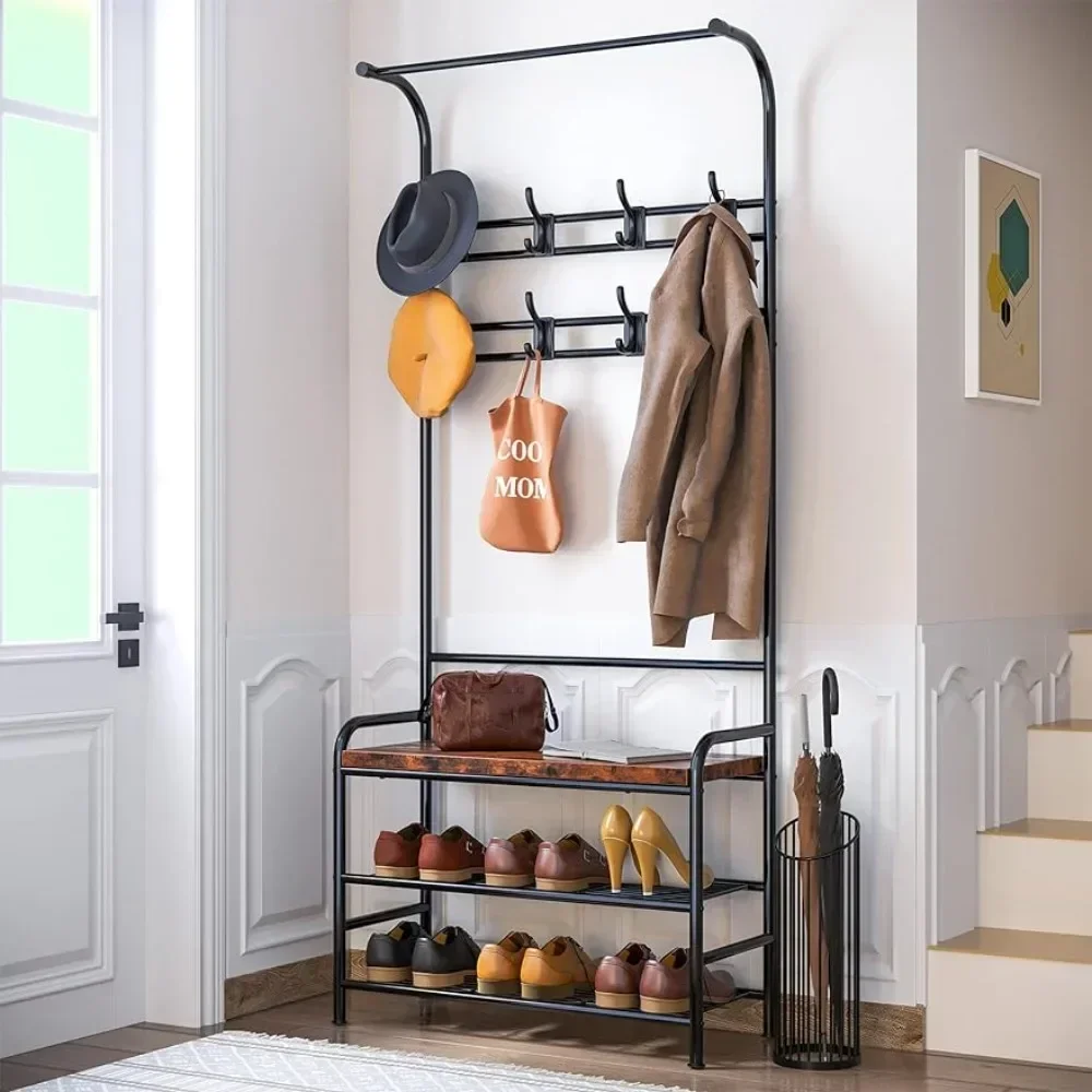 Coat Rack Shoe Bench, 4-in-1 Hall Tree Storage Bench for Entryway, with 8 Sturdy Hooks,Retro Brown hangers for clothes