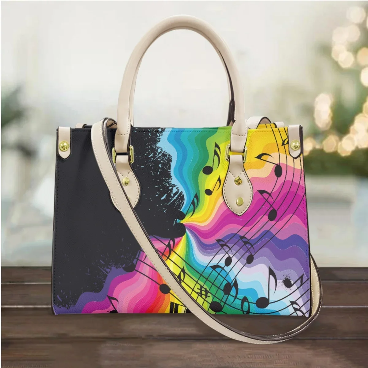 Music Notes Luxury Design Elegant Handbag Female Fashion Outdoor Commuter Shopping Messenger Bag PU Leather Vintage Small Totes