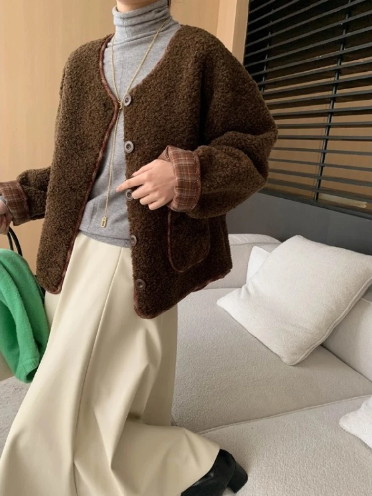 

Plaid Patchwork Lambswool Coat Women O-neck Single Breasted Vintage Jackets 2025 Spring Autumn New Short Tops Mujer