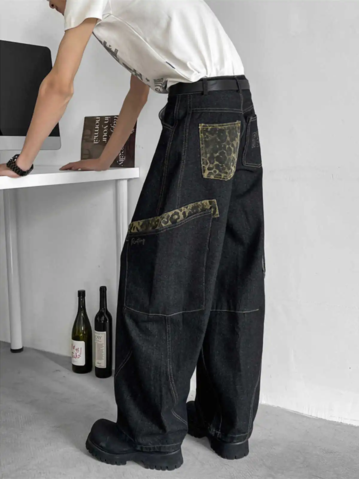 Men's Leopard Print Patchwork Pocket Design Denim Pant Cityboy Streetwear Baggy Jeans Fashion Bottoms Retro Male Loose Trousers