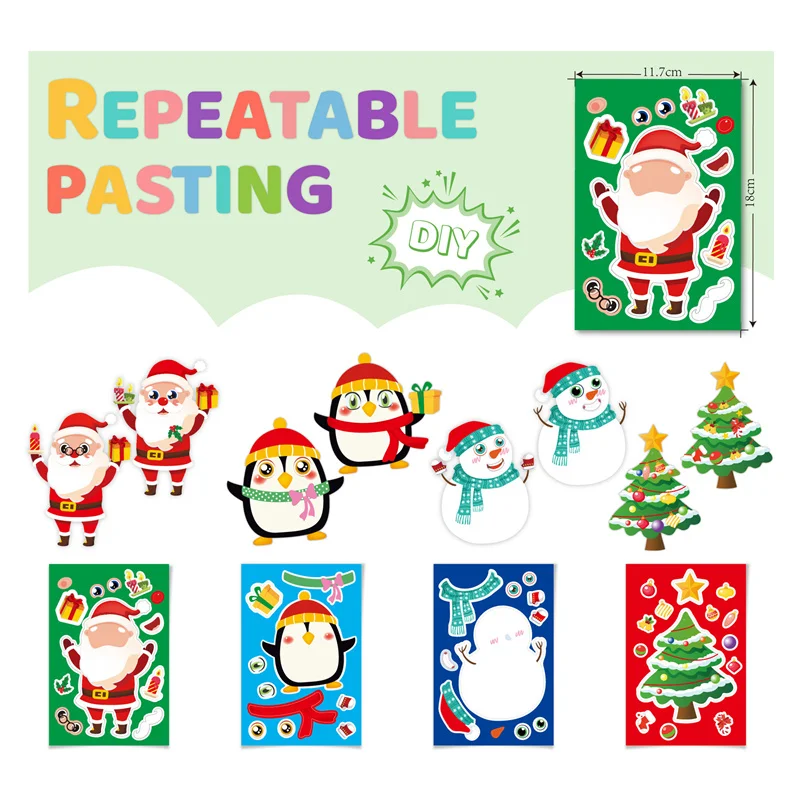 8/16/24Sheet Make a Face Sticker Christmas Gift for Kids Creative DIY Make Your Own Santa Claus Snowman Puzzle Sticker Decor Toy