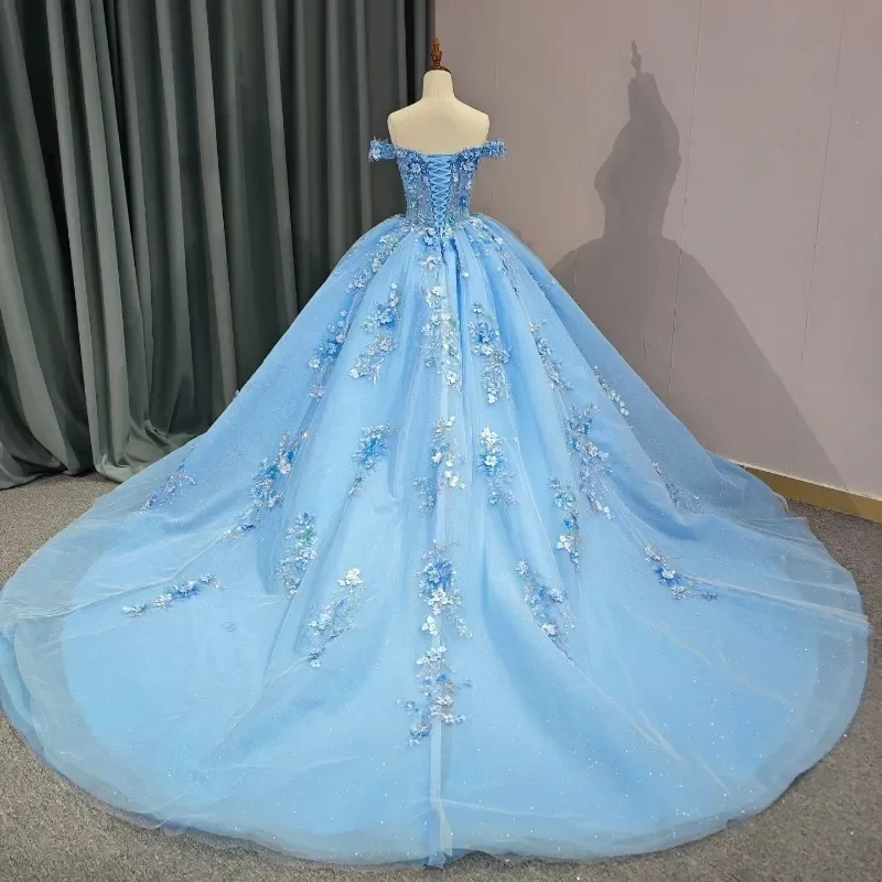 Sky Blue Princess Quinceanera Dresses Beads Appliques Hand 3D Flowers Beads Princess Ball Gowns Sweet 15 Party Wear Customized