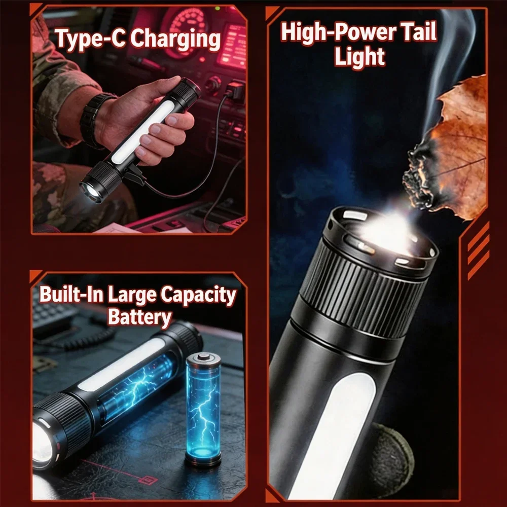Upgraded Three-Light Source Flashlight with Dual Switch Rechargeable Powerful Hand Torch Long Lasting Lithium Battery Multi