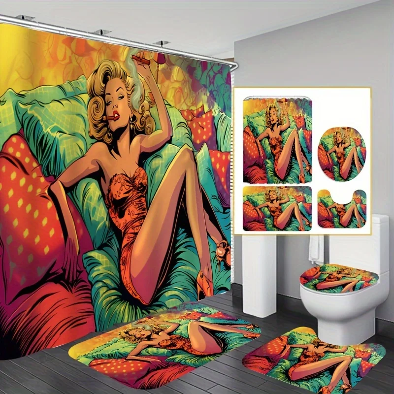 Vibrant Abstract Art Bathroom Four-Piece Set - Colorful Waterproof Shower Curtain for a Complete Bathroom Set