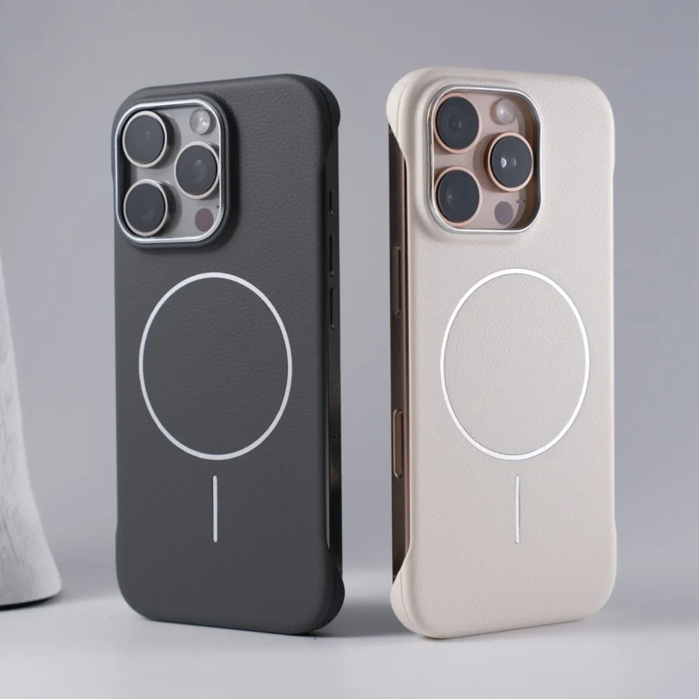 

Ultra Thin Frameless Leather Texture Magnetic Case For Magsafe for iPhone 16 15 14 Pro Max 13 Wireless Charge Shockproof Cover