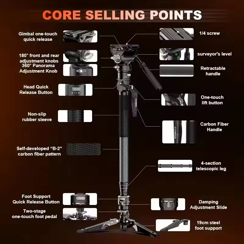 COMAN M1 M1 Pro V5 Дорожный монопод из углеродного волокна Быстросъемная пластина Подставка для камеры DSLR Легкий подъемный штатив с одним щелчком мыши