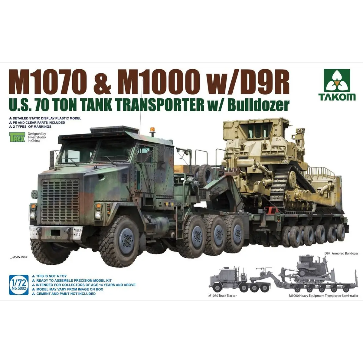 TAKOM 5002 1/72 U.S. M1070&M1000 w/D9R 70 Ton Tank Transporter w/Bulldozer - Scale Model Kit