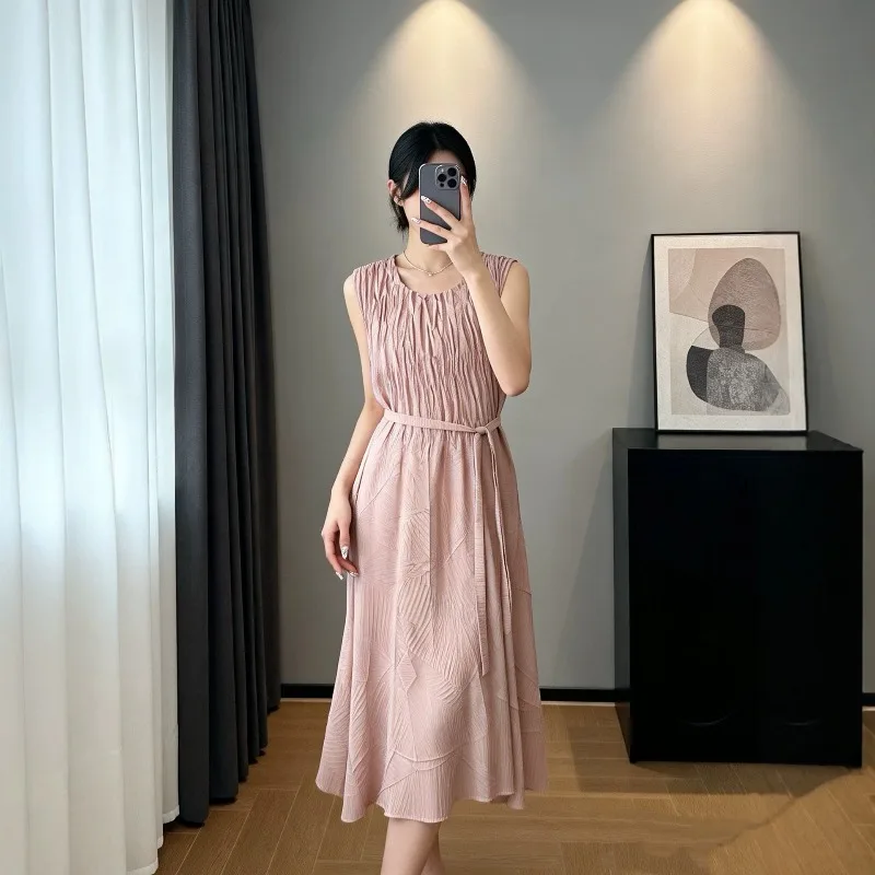 Miyake Pleated Sleeveless Dresses Plisse Women 2026 Summer New Lace-Up Pleats A-Line Long Dress Commuter Loose Women's Clothing