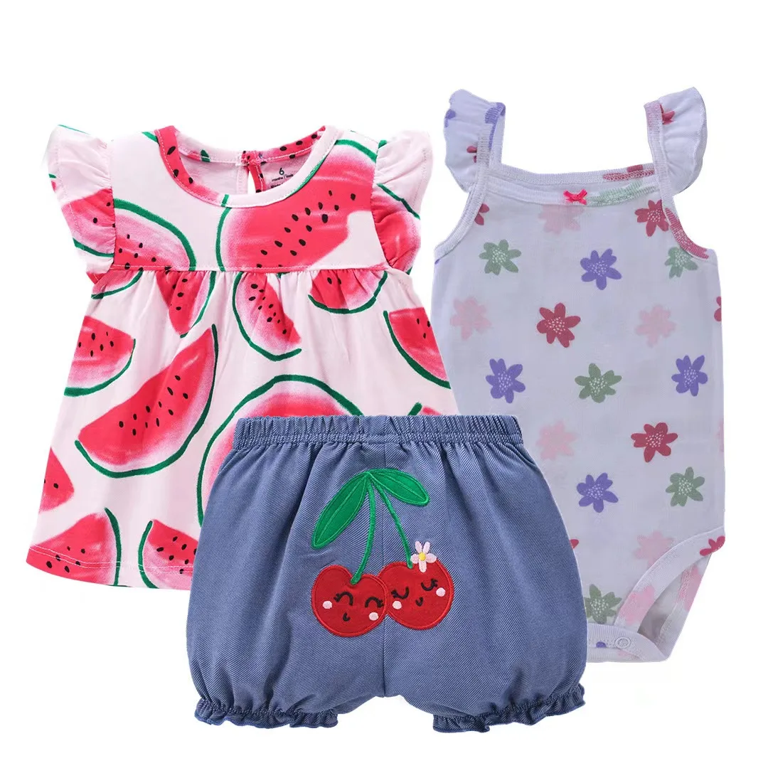 Baby Summer Clothing Cotton Newborn Infant Baby Girl Clothes Ruffled Sleeveless Jumpsuit+Shorts Cute Fashion 3Pcs Outfits Suit