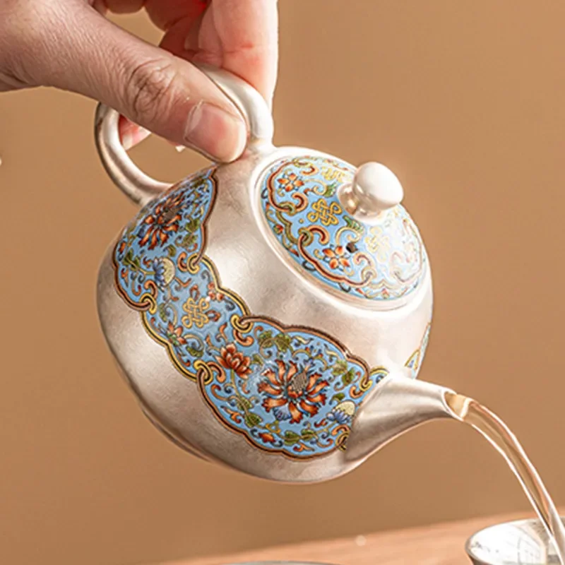 999 Silver Teapot Chinese Filigree Enamel Pear Shape Tea Pot with Filter High End Household Kettle for Brewing Loose Leaf Tea