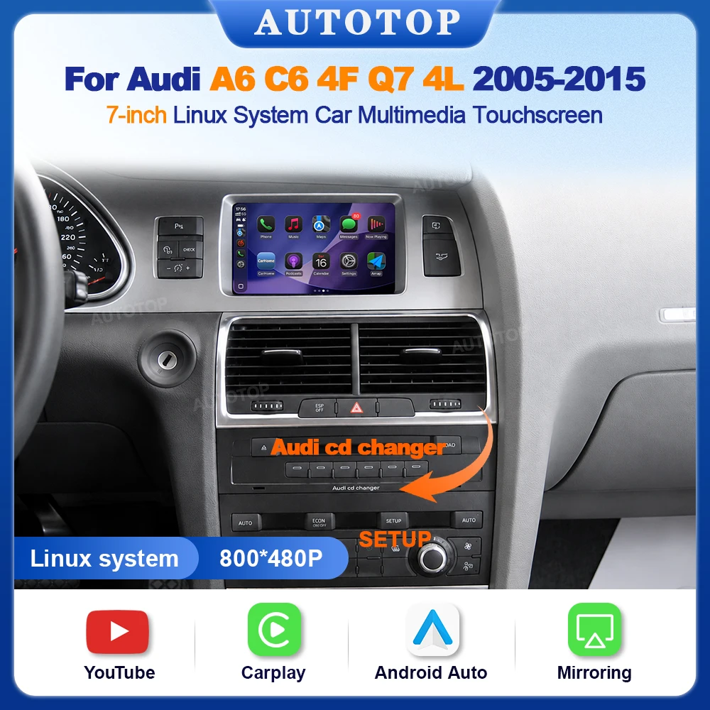 AUTOTOP Écran tactile IPS 7 pouces sous Linux pour Audi A6 C6 4F Q7 4L 2005-2015, avec CarPlay sans fil, Android Auto, navigation GPS, module d'interface d'affichage intelligent, prise en charge de la caméra de recul, maintien du style d'origine du véhicule, intégration transparente, DSP, YouTube, affichage d'écran