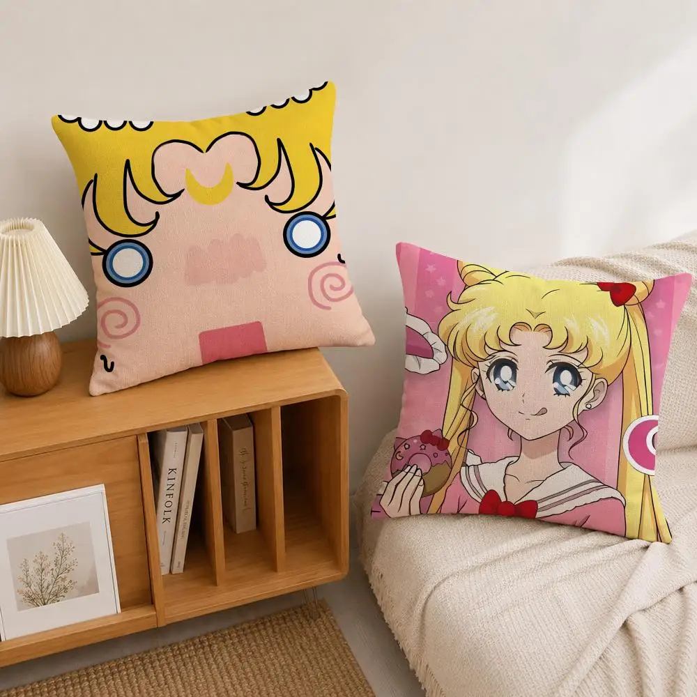 Anime Sailor Moon Usagi Tsukino Cushion Cover Natural Linen Pillowcase Set, All-in-One Decor for Sofa, Bedroom & Chair