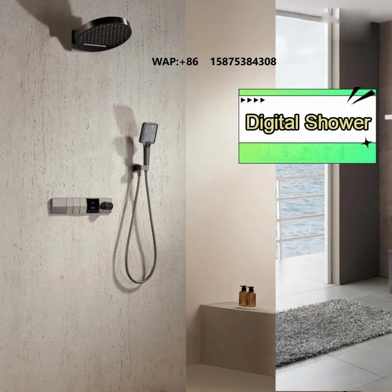 Gunmetal Gray Full Brass Concealed Waterfall Shower with Thermoplastic Digital Display Built-in Temperature-controlled Shower