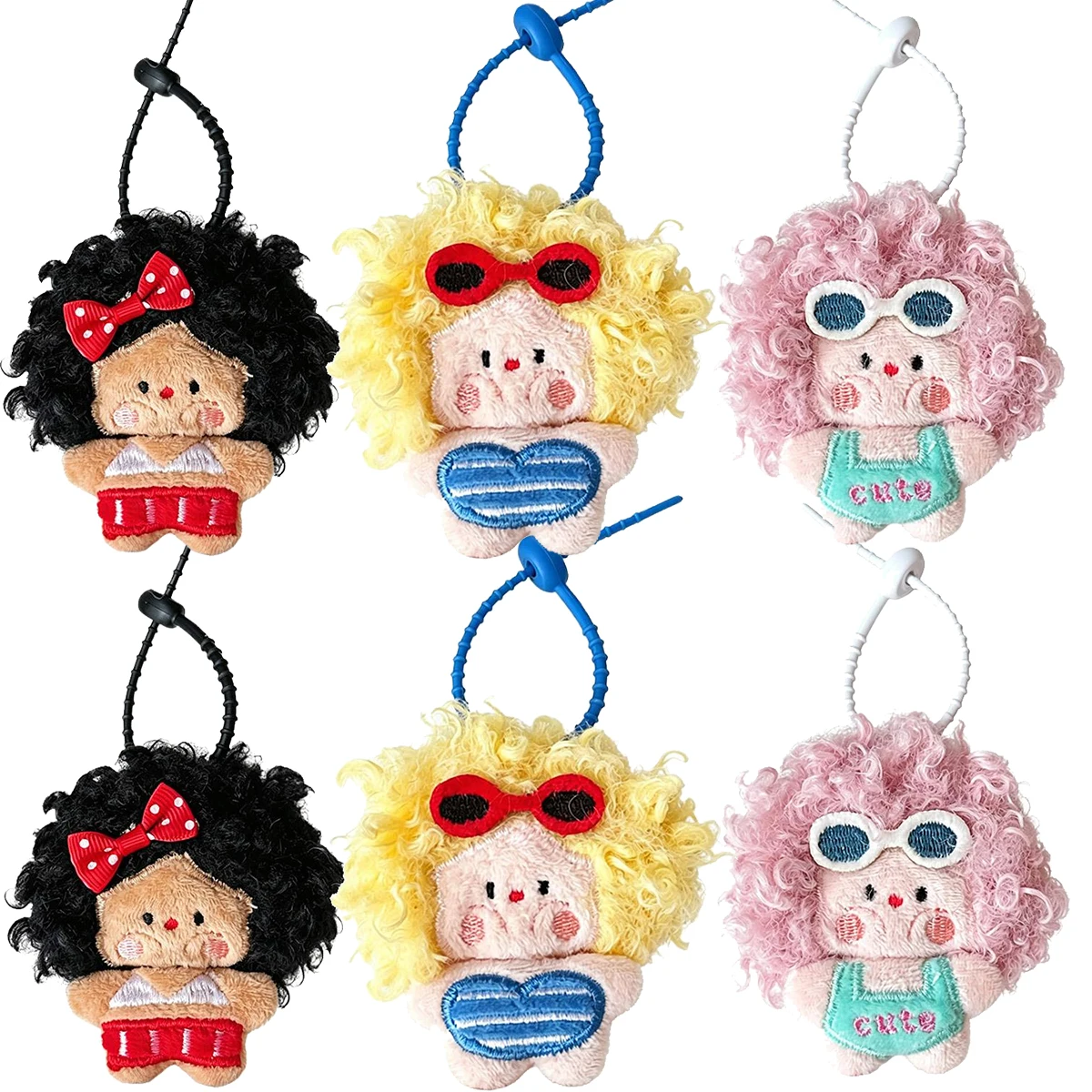 Cute Curly Hair Doll Bag Charm Cartoon Fat Girl Plush Doll Keychain Pendant Bag Ornament Stuffed Key Ring Toys Kids Girls Gift