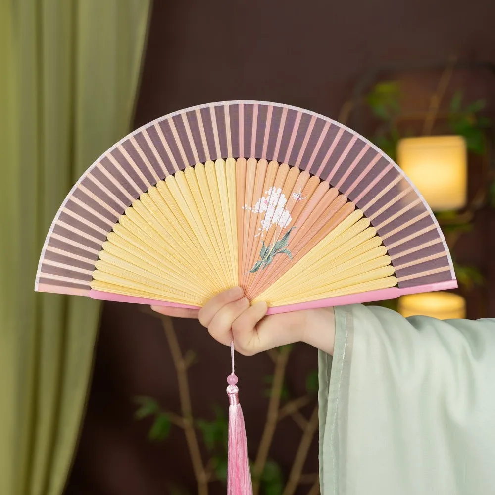 Hand Fan Floral Pattern Silk Bamboo Fan Exquisite Classical Chinese Style Fan Decorative with Tassels