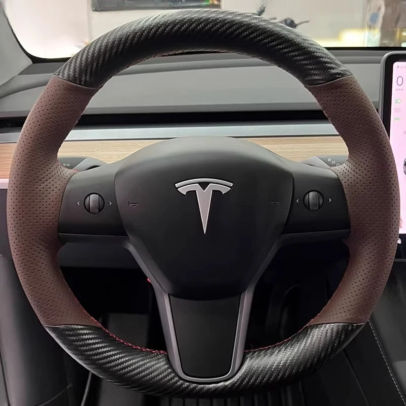 

Чехол на руль для Tesla Model 3 Model Y 2017-2021, ручная работа, нескользящий, черный, из натуральной кожи и замши, спортивный стиль