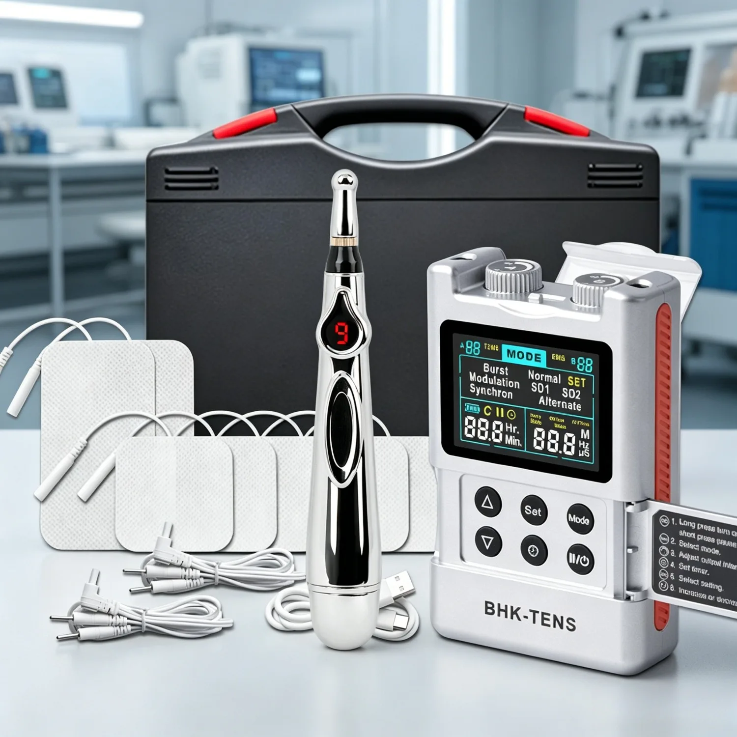 Appareil TENS numérique USB, machine de massage EMS, stimulateur musculaire avec stylo de méridien, 40 intensités, appareil à impulsions électroniques à double canal