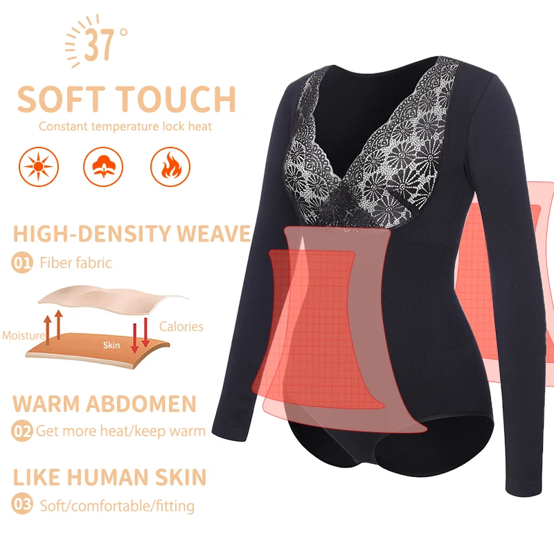 Womens Sexy Lace V Neck Bodysuit Shapewear Autumn Winter Tummy Control Thermal Underwear Flat Belly Warm Full Body Shaper