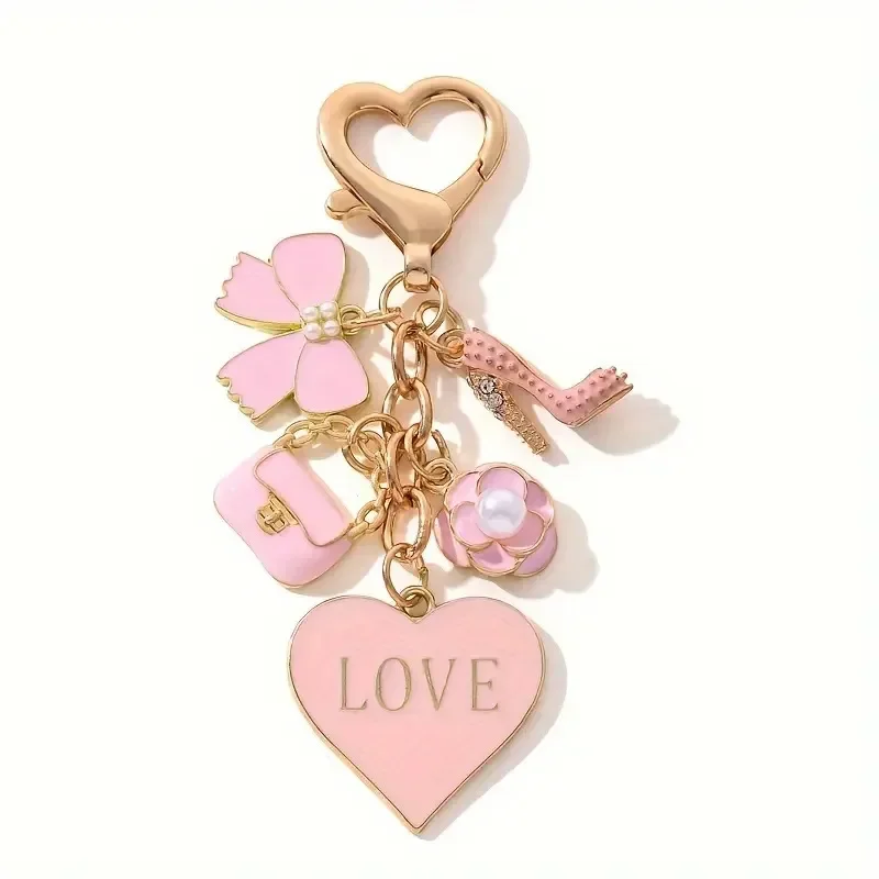 Cute Pink Girly Keychain Heart Enamel Charms Bow Flower High Heel Handbag LOVE Heart Pendant Bag Accessory Gift For Women