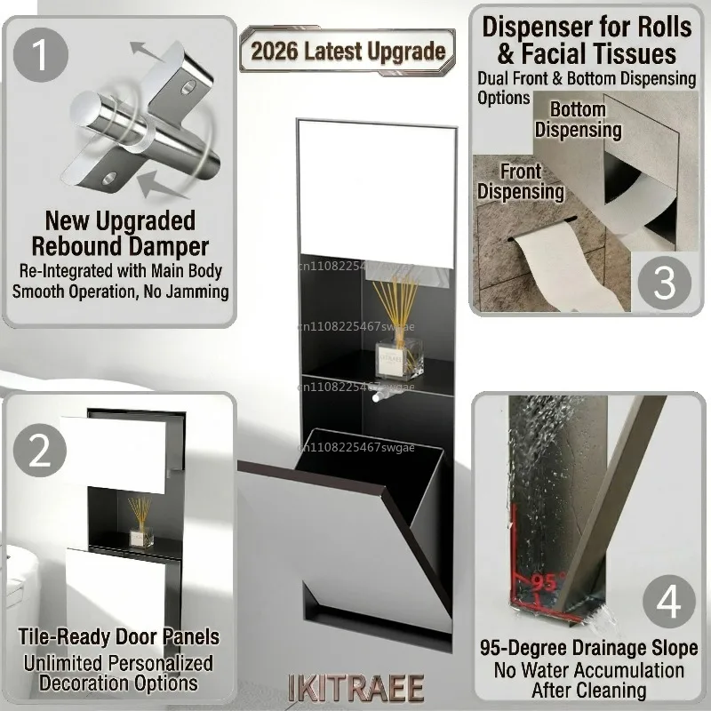 Bathroom Tile Toilet Wall Niche Toilet Storage Custom Hidden 304 Stainless Steel Trash Can Embedded