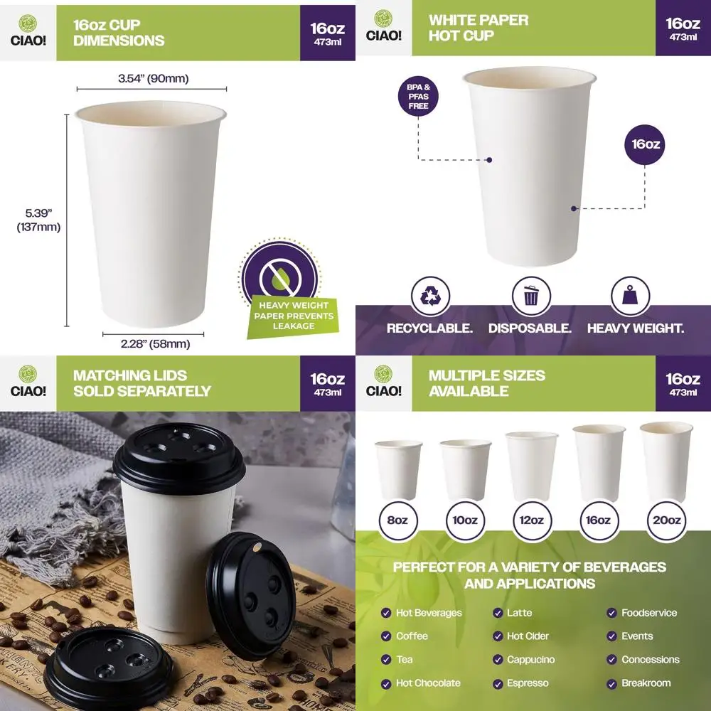 

1000 Pack Disposable 90mm Diameter White Paper Hot Cups, 16 oz