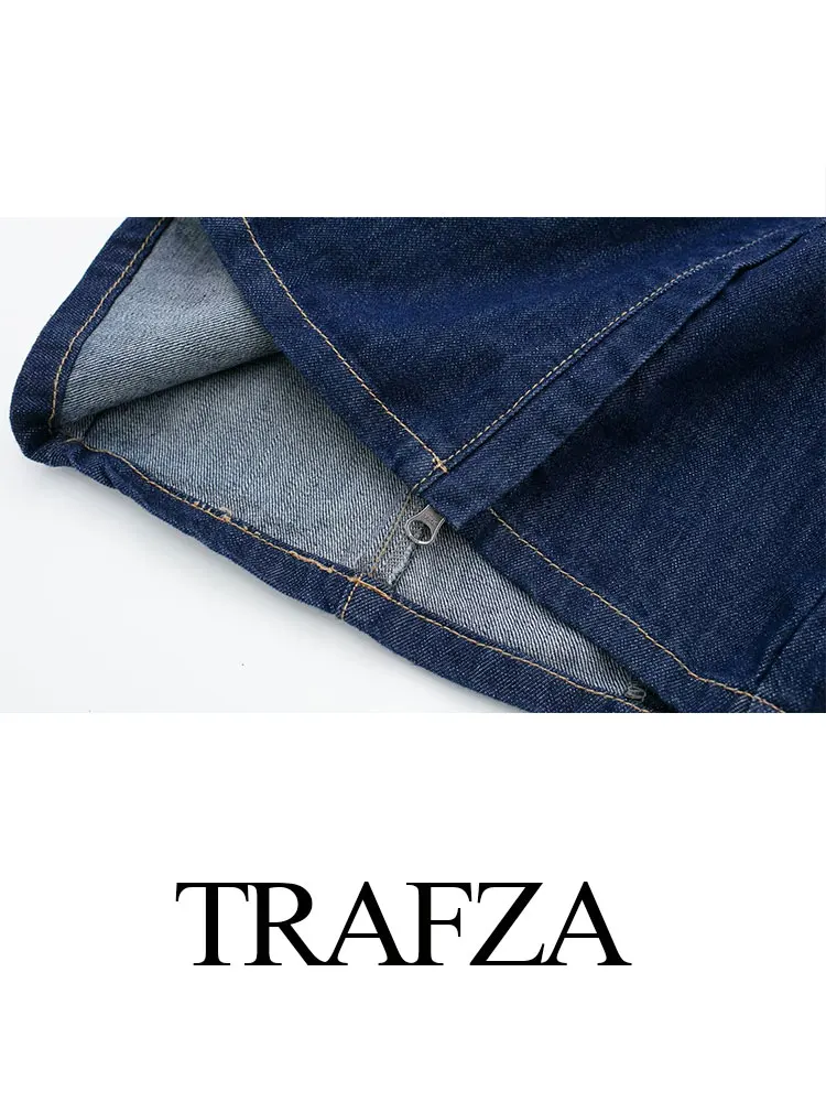 Imagem -03 - Conjunto Jeans para Mulheres Fenda Lateral Pescoço o Vestido Curto Fêmea Selvagem Comprimento do Joelho Calça de Perna Larga Moda Verão Novo 2023 Trafza2-piece