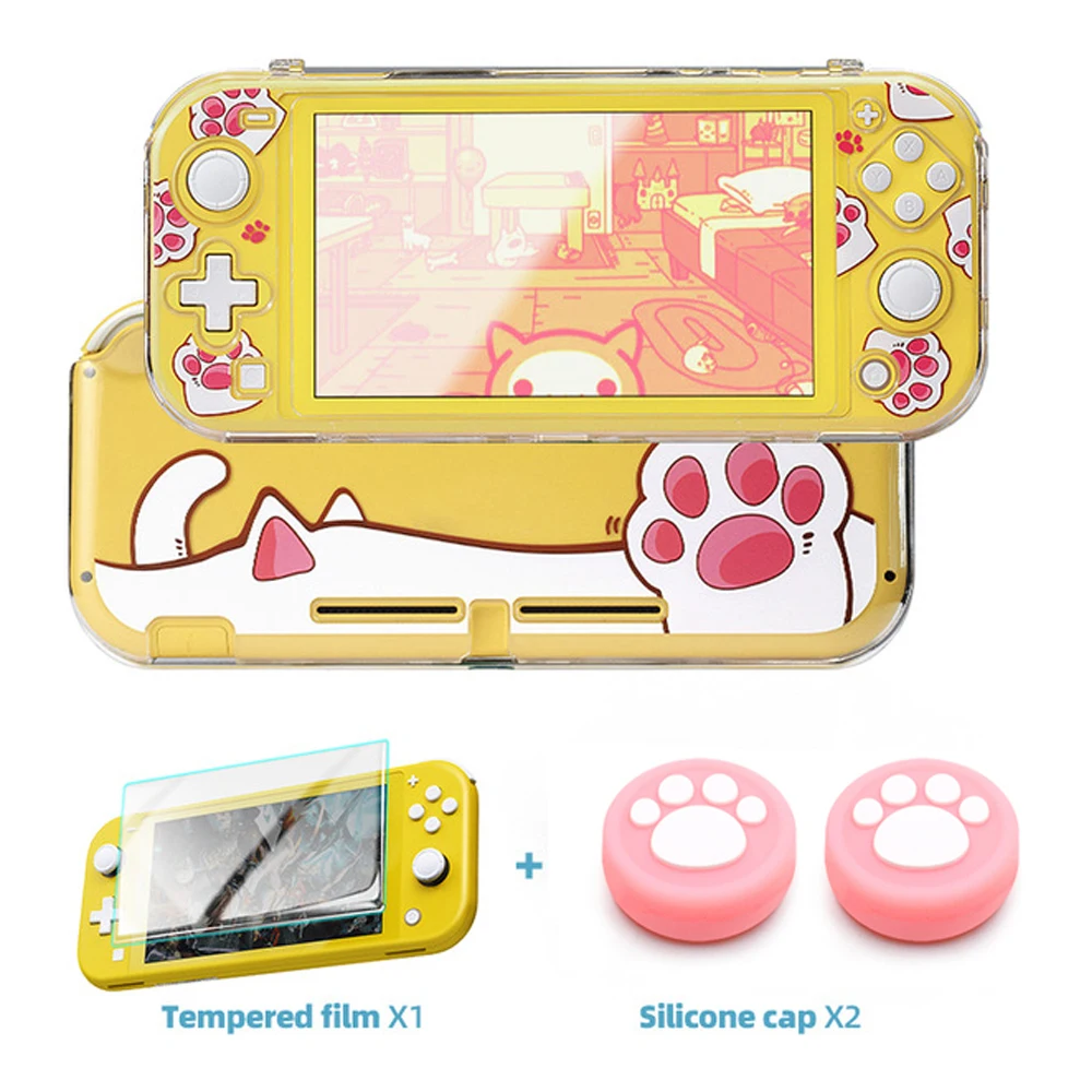 4 in 1 Protective Cover Case Cat Paw Skin Shell Protecor 2 Analog ThumbStick Grip with Screen Film For Nintendo Switch Lite