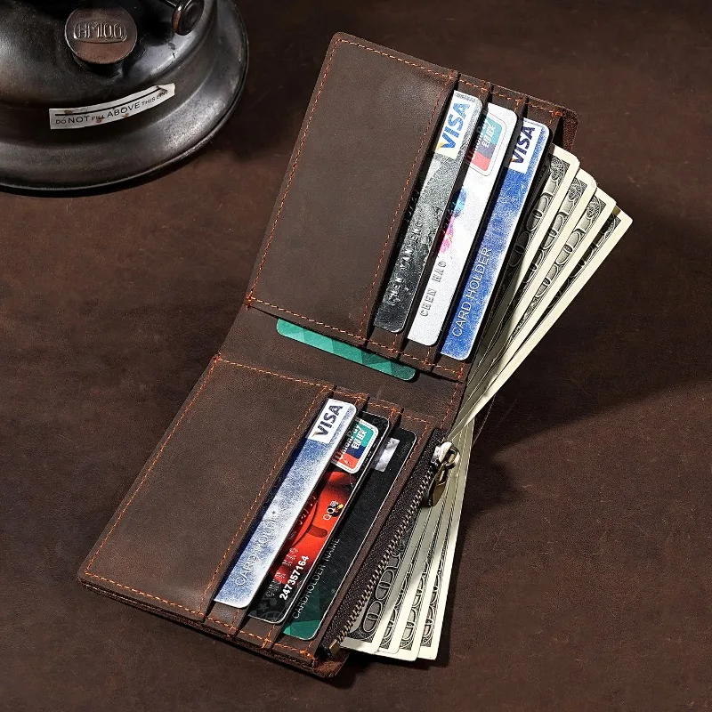 

Мужской двойной кошелек Crazy Horse, кожаный короткий кошелек с несколькими отделениями для карт и карманом для монет на молнии, винтажный маленький кошелек из натуральной кожи