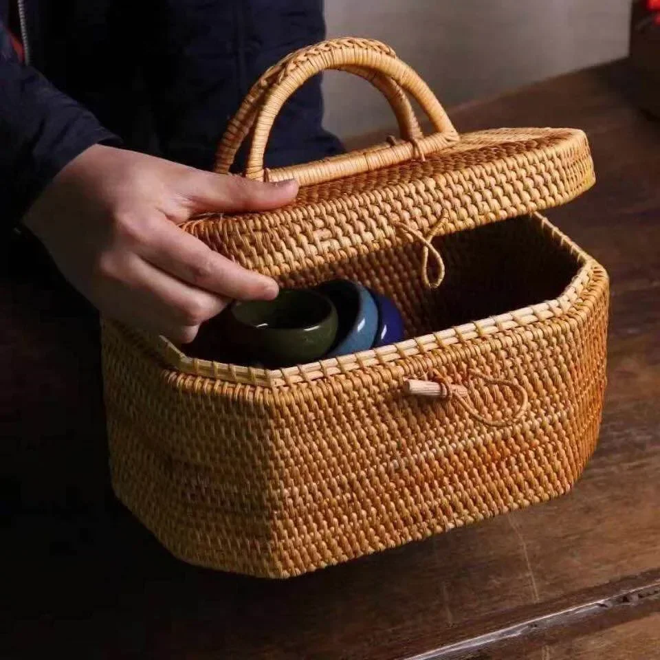 

Коробка для хранения из ротанга ручной работы с ручкой, плетеная коробка с орнаментом, контейнер для чая и еды, корзина для пикника, хлеба, фруктового торта, кухонный органайзер