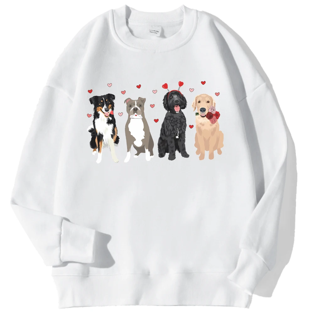 Cartoons Women\'S Hoodie Lovely Dogs & Heart Printing Sweatshirt Loose Crewneck Warm Fleece Pullover Autumn Winter Streetwear