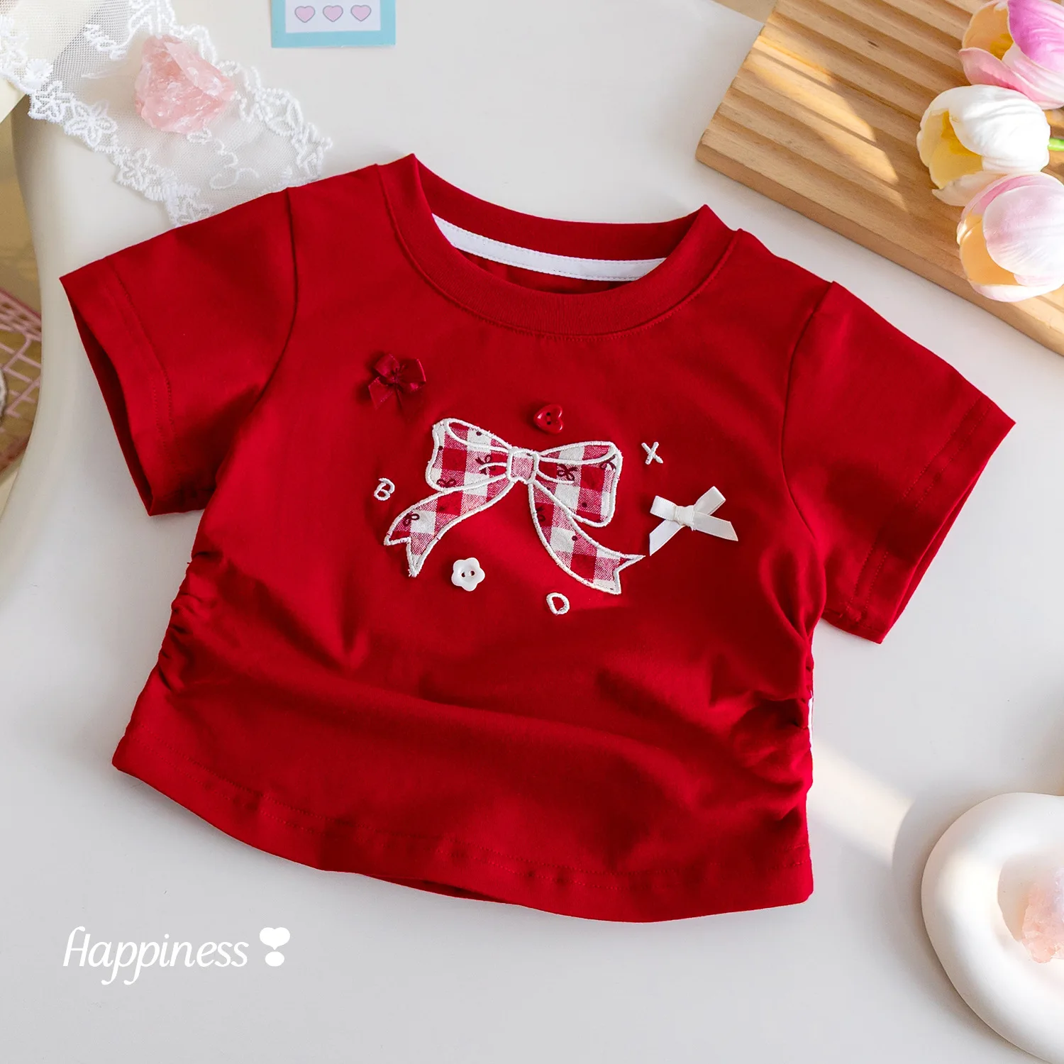 Girls' summer top Korean checkered bow embroidered short sleeved T-shirt stylish versatile clothing