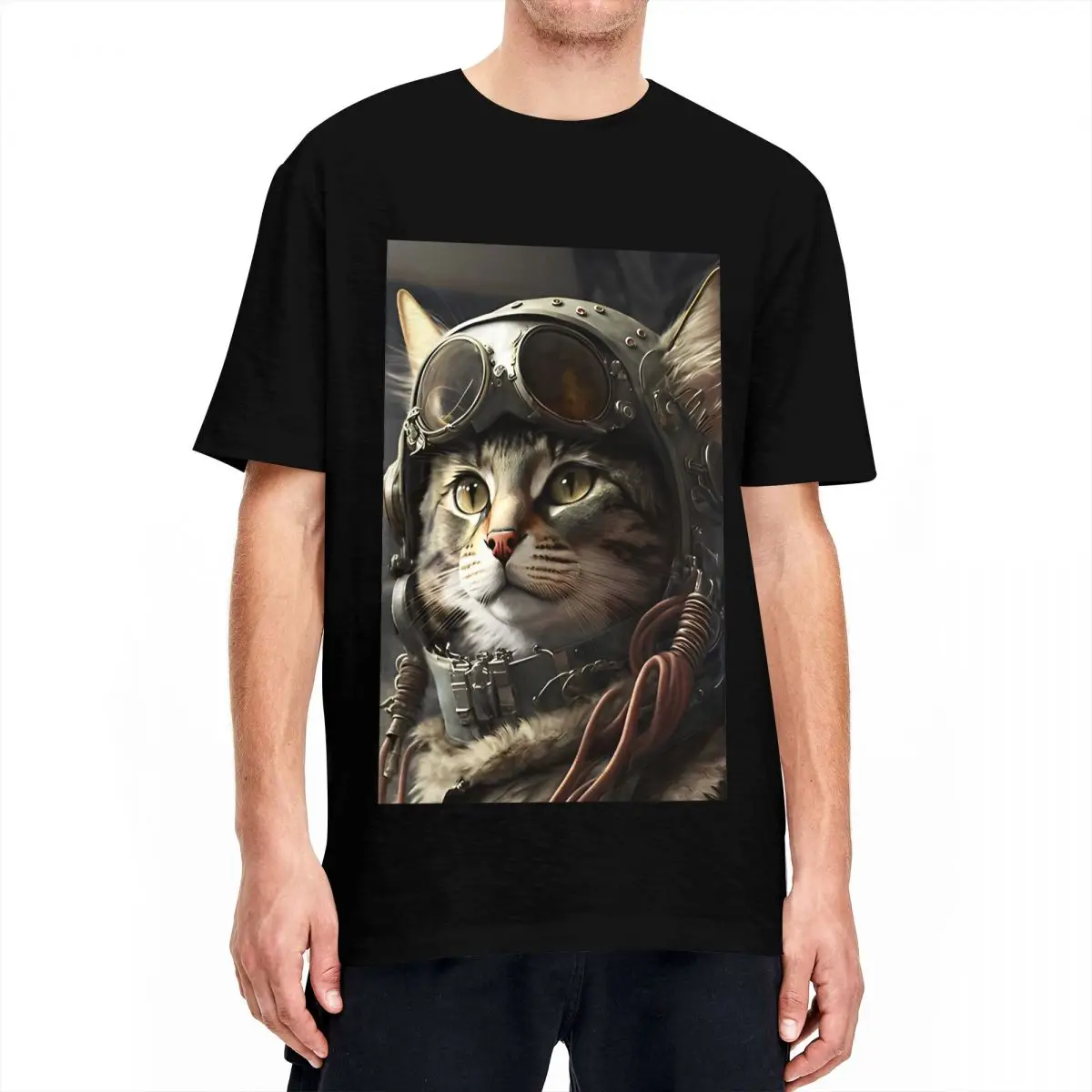 Thousand Yard Stare Cat Tee Shirt for Men Women Graphic Printing T Shirts Pilot 100% Cotton Clothing