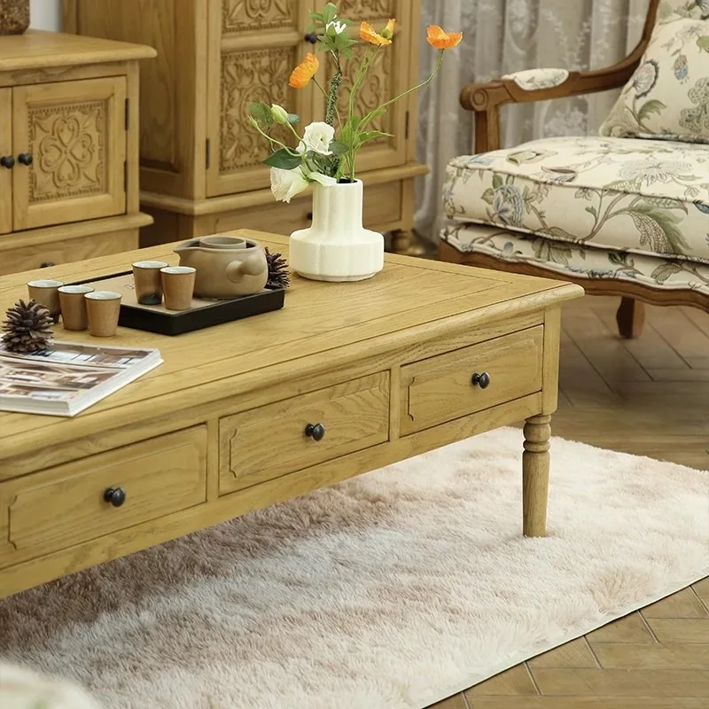 American country European retro solid wood six drawers coffee table imported oak living room furniture high coffee table log