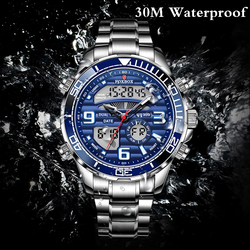 2023 LIGE New Digital Mens Watches Top Brand Foxbox Luxury Sports Quartz Wrist Watch For Men All Steel Military Waterproof Clock