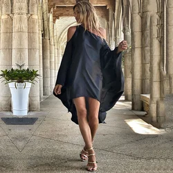 Yeezzi New Summer Female Casual Stylish Solid Color Loose High-Low Robe  Batwing Sleeves Black Midi Dress For Women 2024