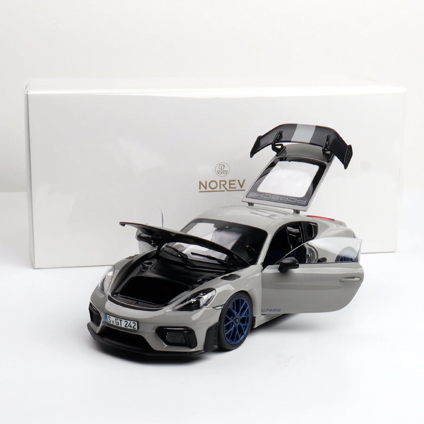 Die-Cast Car 1:18 Norev Porsche Cayman Gt4 2024 Grey Full Open Door Scale Model Metal Miniature Car Collectible Cars Toys Boys