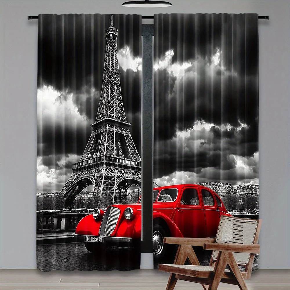 Vintage Red Car Curtain, Paris Eiffel Tower Window Drape, Retro City Blackout Panel, Living Room Bedroom Home Decor