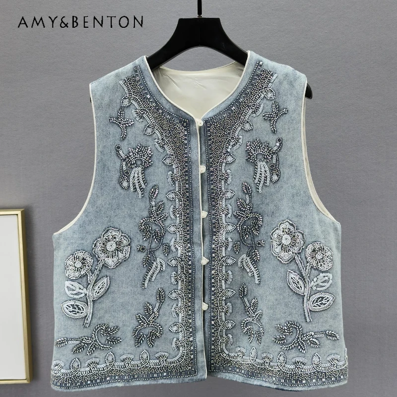 

Retro Heavy Industry Diamond Sequin Design Women's Sleeveless Denim Vests Spring 2026 New Loose Skinny Versatile Vest Ladies