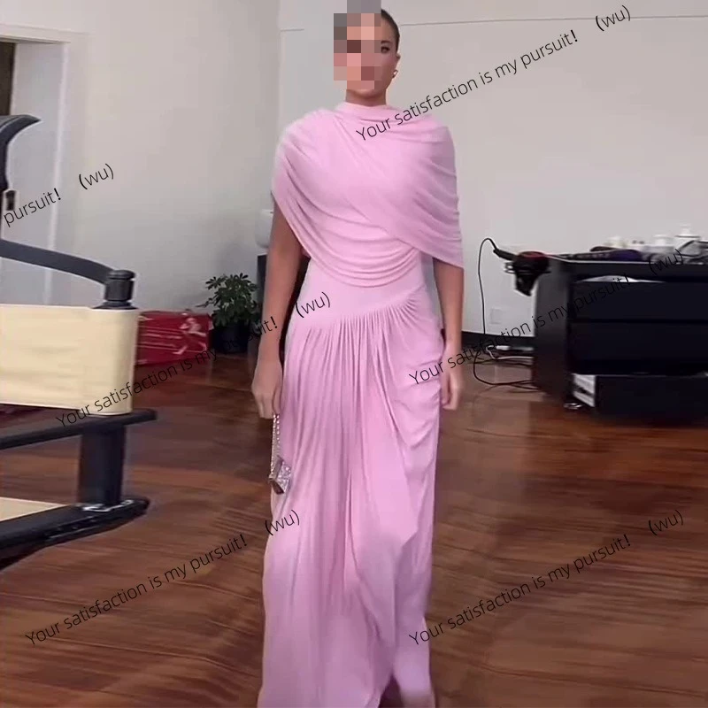 

Women's temperament elegant pink splicing pleated dress