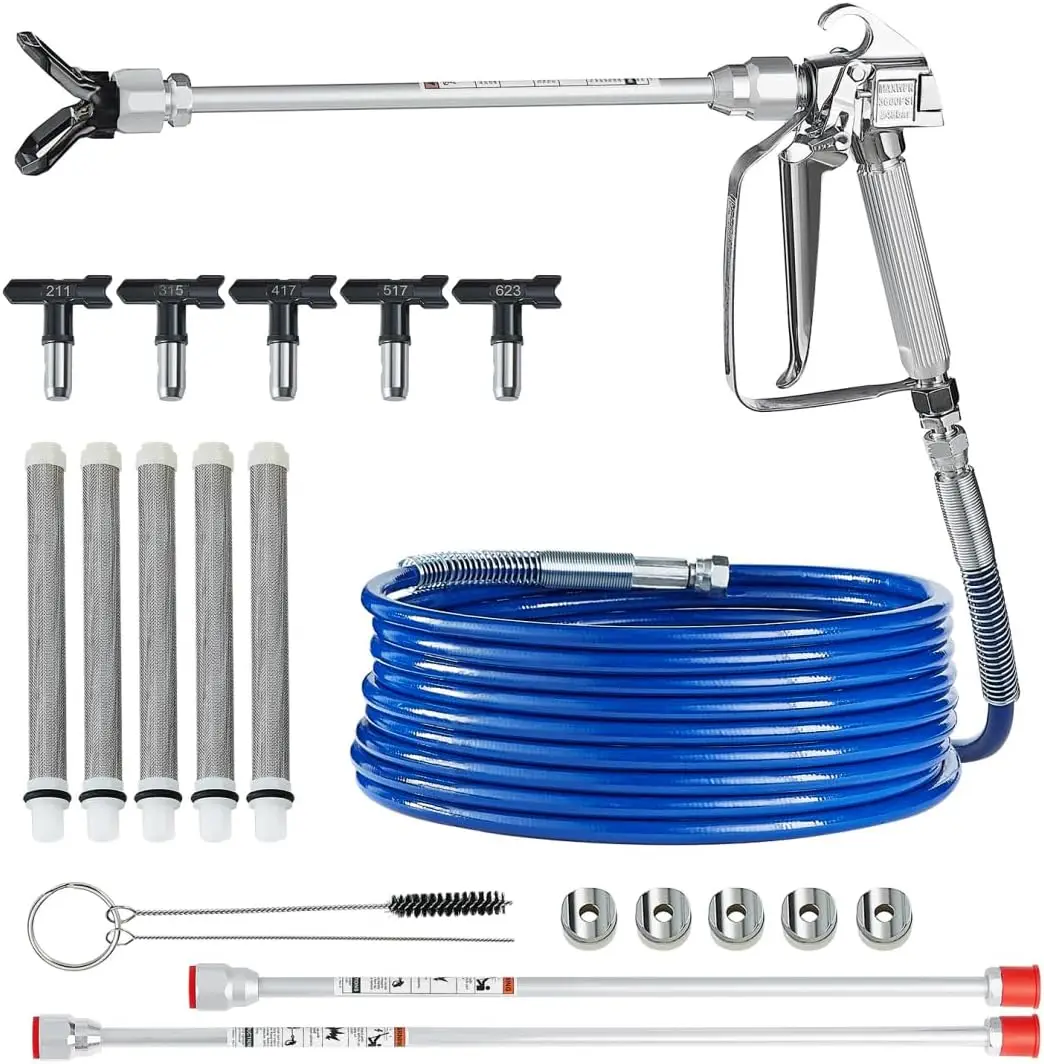 Airless Paint Spray Gun and Hose Kit, 3600PSI High Pressure Paint Sprayer Hose Set with 5 Tips, 211, 315, 417, 517, 623, Swivel